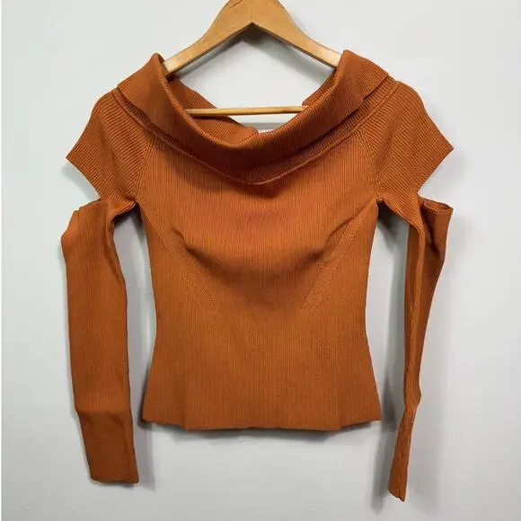New Jonathan Simkhai Zayla Compact Knit Off Shoulder Sweater in Tobacco Size L